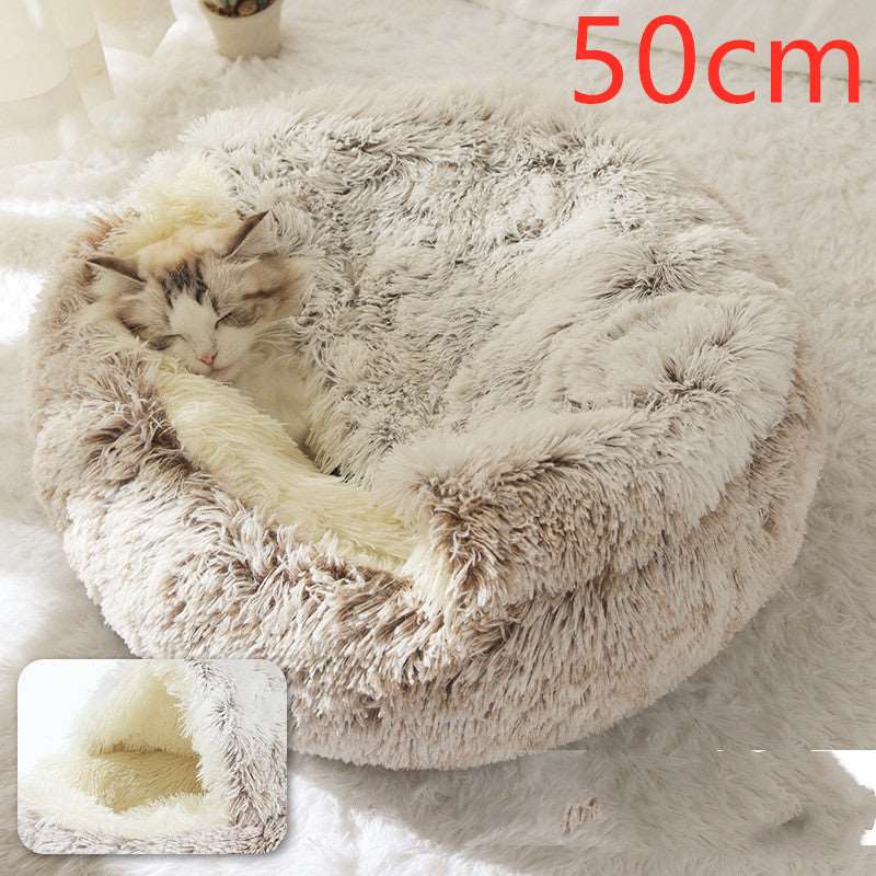 2 In 1 Dog And Cat Bed Pet Winter Bed Round Plush Warm Bed House Soft Long Plush Pets Bed Pet Products Hair Brown50cm Infinite Avenue