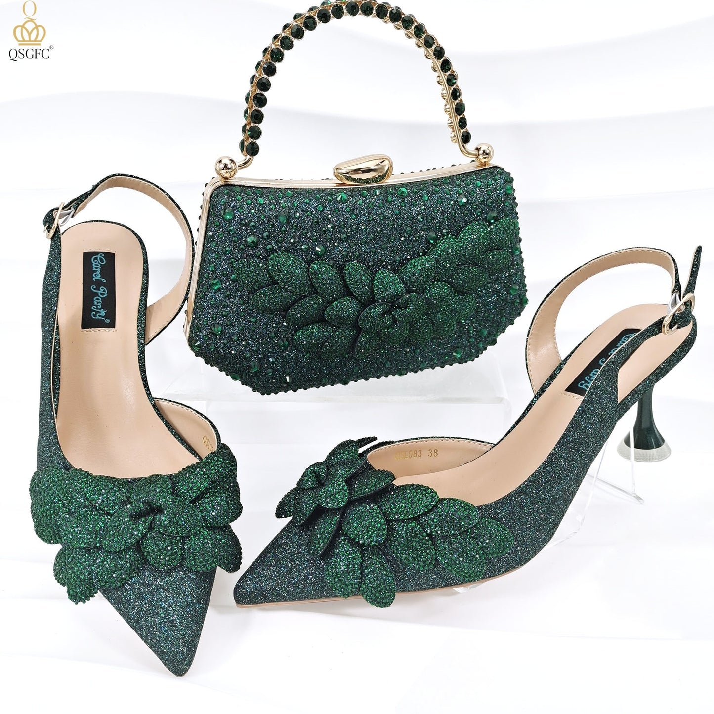 Cross-border Ladies Party Shoes Bag Set Handmade Leaf Decorative Wine Glass Heel Dark Green Infinite Avenue