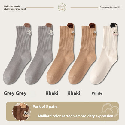 Women's Cartoon Mid-Tube Cotton Socks Gray 2 Khaki 2 White 1 35 to 40 Free Size Infinite Avenue