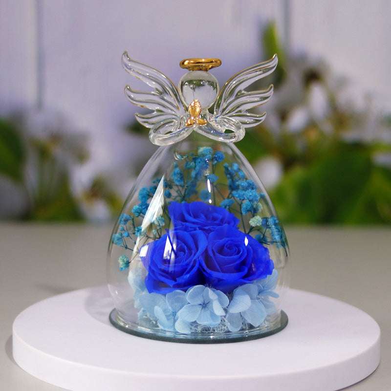 Eternal Flower Gift Box Angel Glass Cover Dried Rose Gift Box For Christmas New Year Valentine's Day Home Decor Large angel blue Infinite Avenue