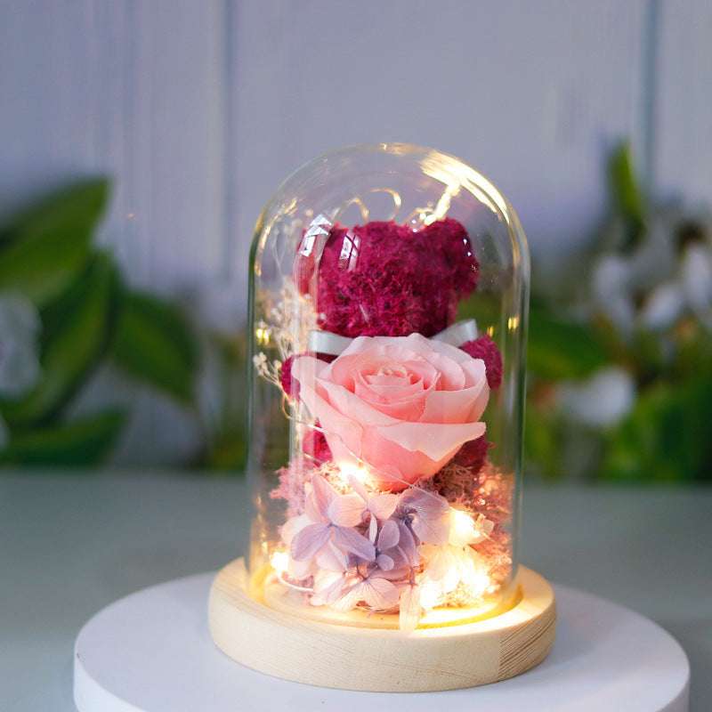 Valentine's Day Gift For Girlfriend Eternal Preserved Rose Flower Gift Box Teddy Bear Eternal Flower With Lights Gift For Women Home Decor Wood Base Pink Purple Infinite Avenue