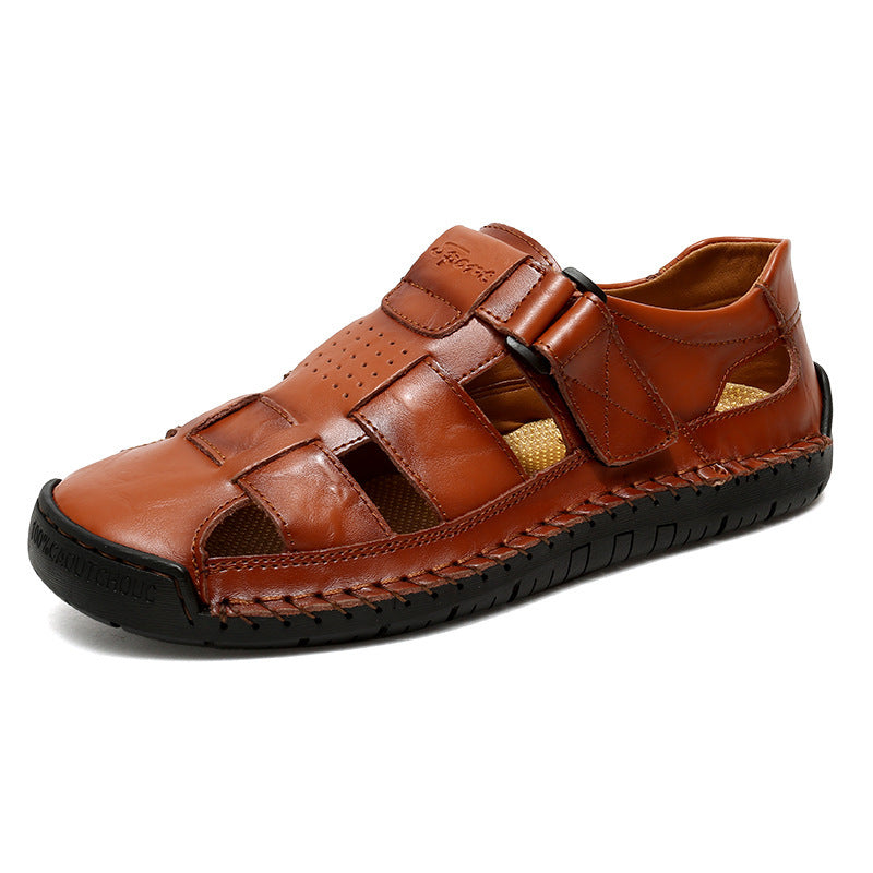 Handmade Stitching Leather Casual Beach Men's Sandals Red Brown Infinite Avenue