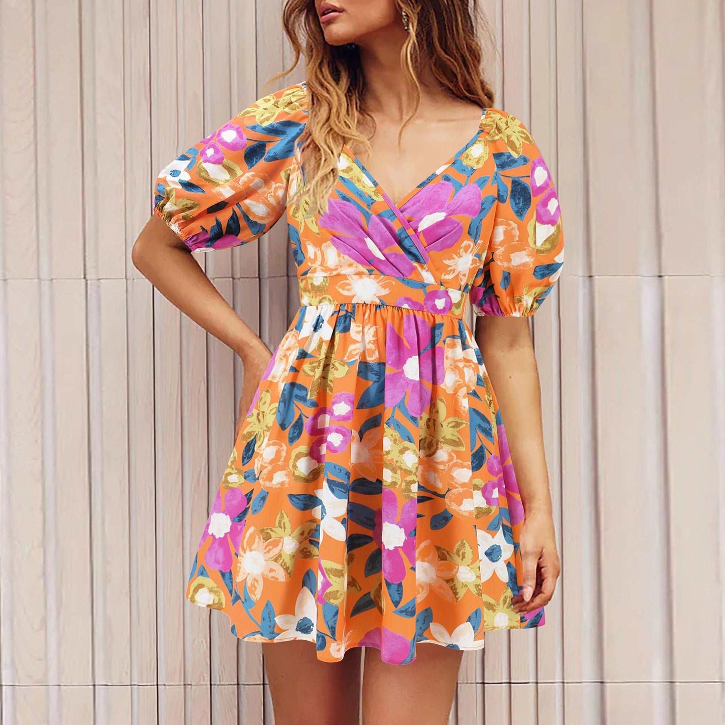 Floral V-Neck Lantern-Sleeve Dress - Y2K Summer Beachwear - Infinite Avenue