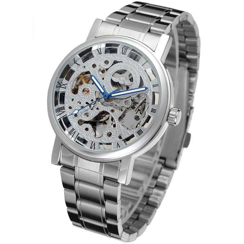 Winner Round Hollow Transparent Mechanical Steel Strap Watch Silver Blue Needle Infinite Avenue