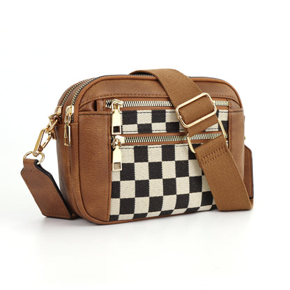 Cow Color Matching Multifunctional Zipper Crossbody Bag Brown With Plaid Infinite Avenue