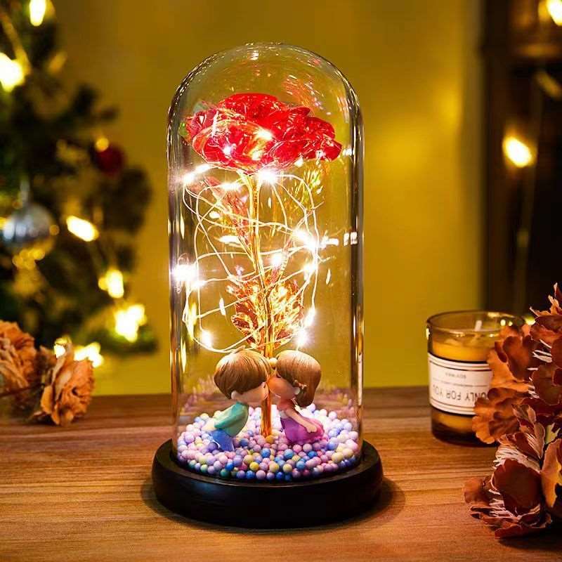 Eternal Rose LED Light Foil Flower In Glass Cover Night Lights Valentines Day Gifts Lamp Decor For For Home Bedroom Wedding Gift Valentine's Day Gifts Colored Gold Red 22x11cm Infinite Avenue