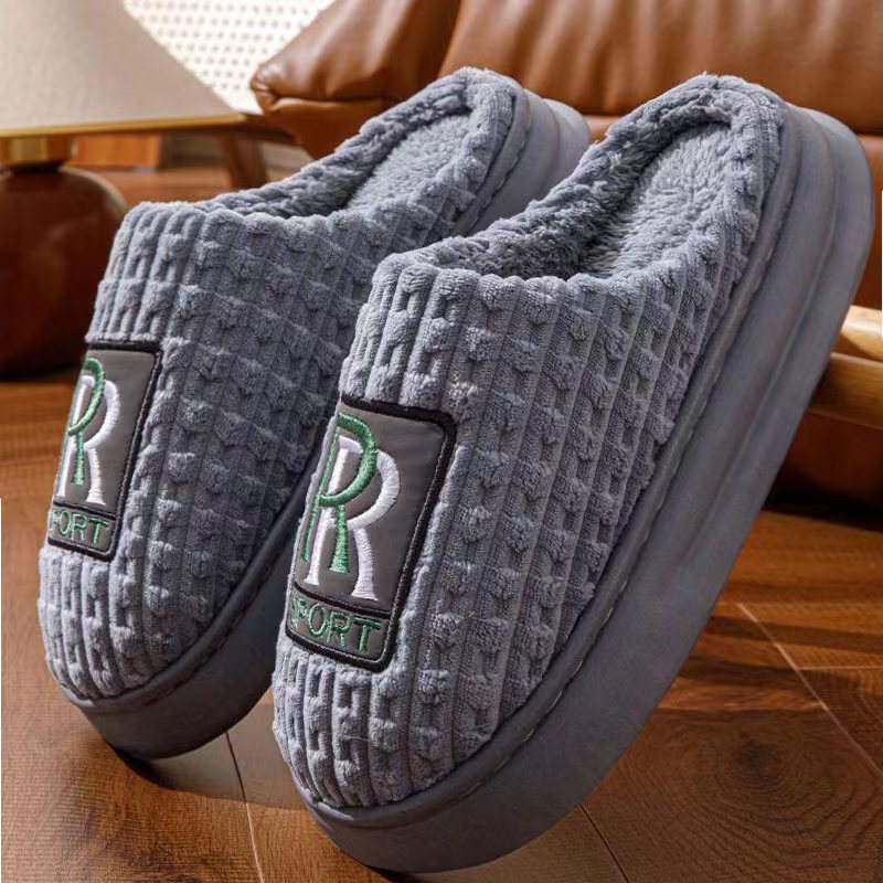 Men's Letter Plush Slippers Winter Warm Non-slip House Shoes Plus Size Indoor Bedroom Floor Home Slipper For Women Grey Infinite Avenue