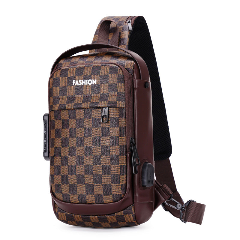 Men's Chest Bag Password Lock Men's Messenger Bag Travel Leisure Brown Plaid Infinite Avenue