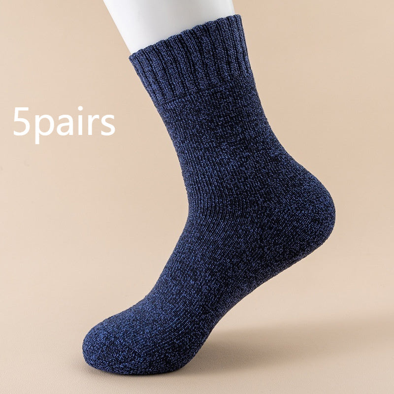 Autumn And Winter Fleece Lined Padded Warm Keeping Mid-calf Solid Color Socks Navy Blue 5 pairs Infinite Avenue