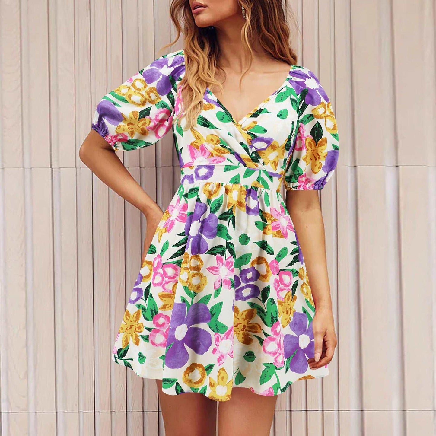 Floral V-Neck Lantern-Sleeve Dress - Y2K Summer Beachwear - Infinite Avenue