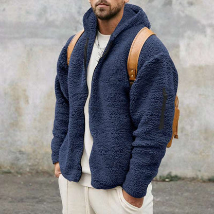 Plush Hooded Jacket Men's Autumn And Winter Fleece Double-sided Wear Warm Coat With Zipper Loose Casual Jacket Outdoor Clothing Navy Blue Infinite Avenue