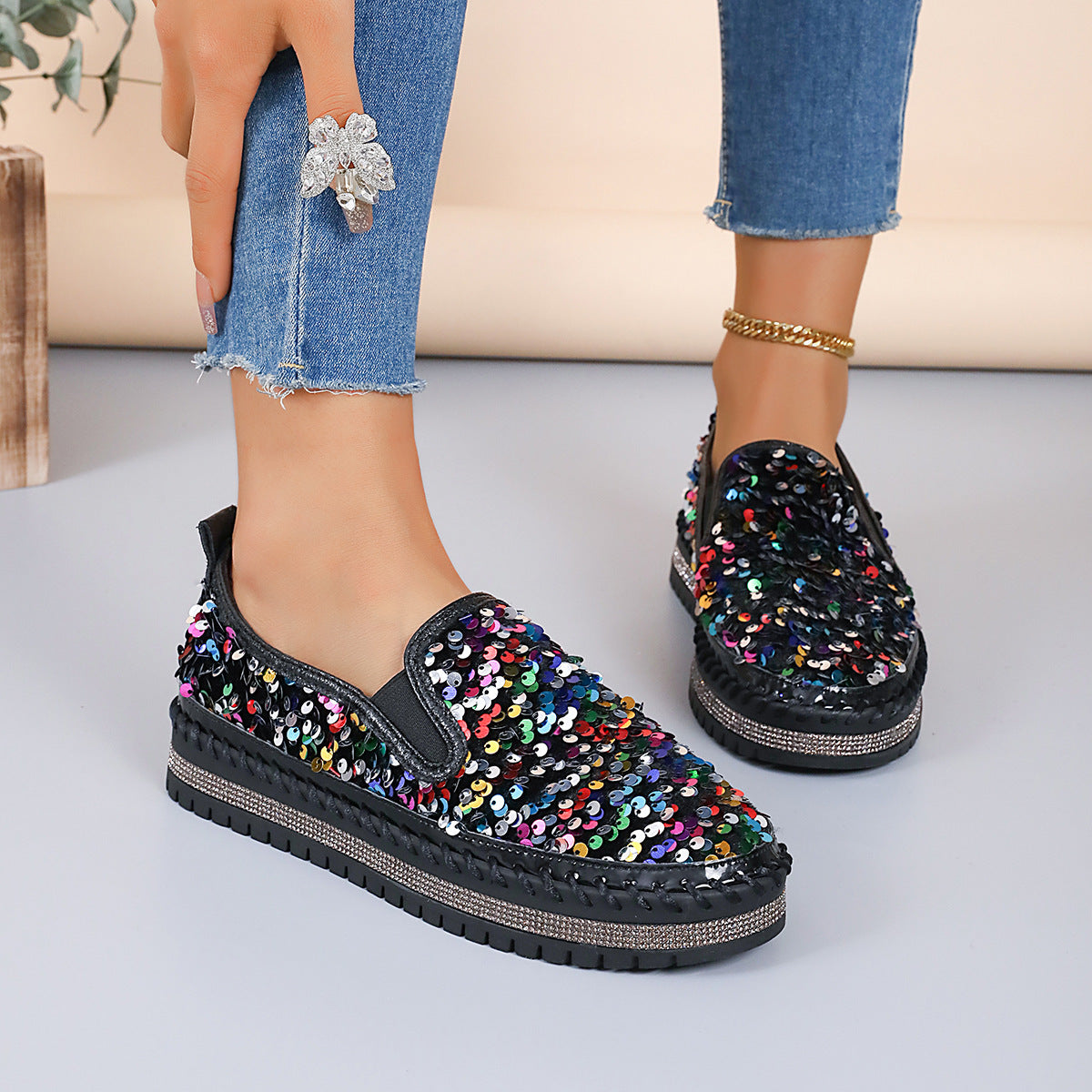 Round Toe Flat Bottom Color-blocking Sequin Oversized Shoes Black Colorful Infinite Avenue