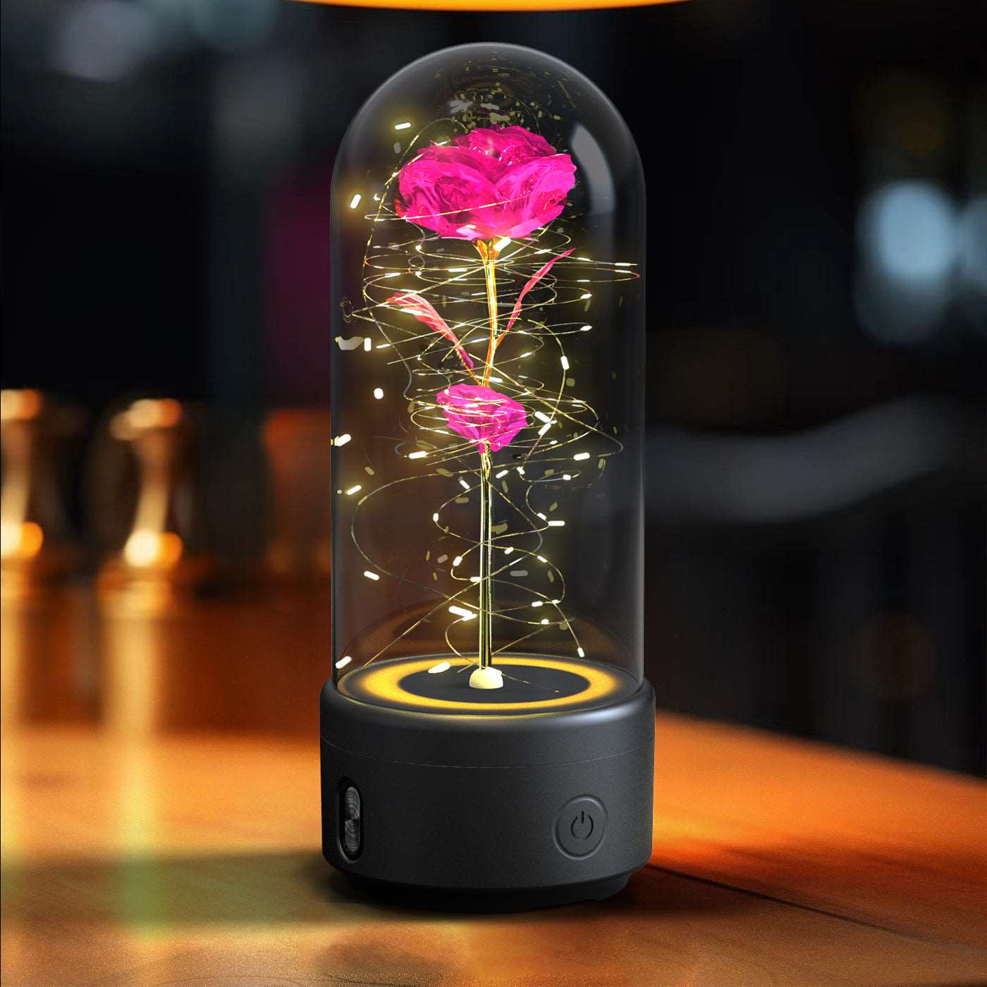 Creative 2 In 1 Rose Flowers LED Light And Bluetooth-compatible Speaker Valentine's Day Gift Rose Luminous Night Light Ornament In Glass Cover Black Base Color Flower Infinite Avenue