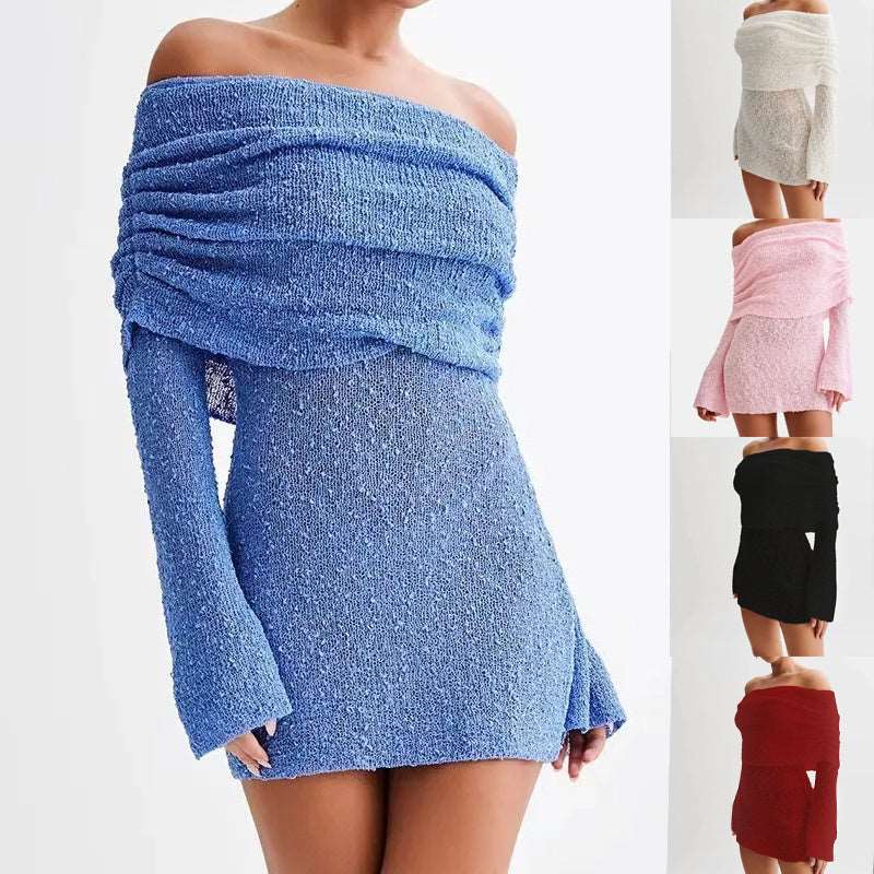 Women's Spring Summer Knitted Dress Elegant Party Boat Neck Dress Infant Off Shoulder Bodycon Long Sleeve Fuzzy Short Club Chic Mini Dress Infinite Avenue