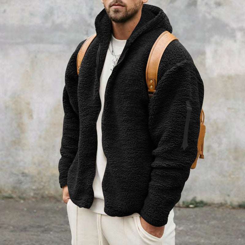 Plush Hooded Jacket Men's Autumn And Winter Fleece Double-sided Wear Warm Coat With Zipper Loose Casual Jacket Outdoor Clothing Black Infinite Avenue