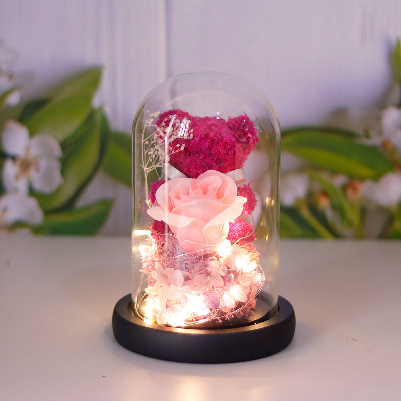 Valentine's Day Gift For Girlfriend Eternal Preserved Rose Flower Gift Box Teddy Bear Eternal Flower With Lights Gift For Women Home Decor Black Base Pink Purple Infinite Avenue