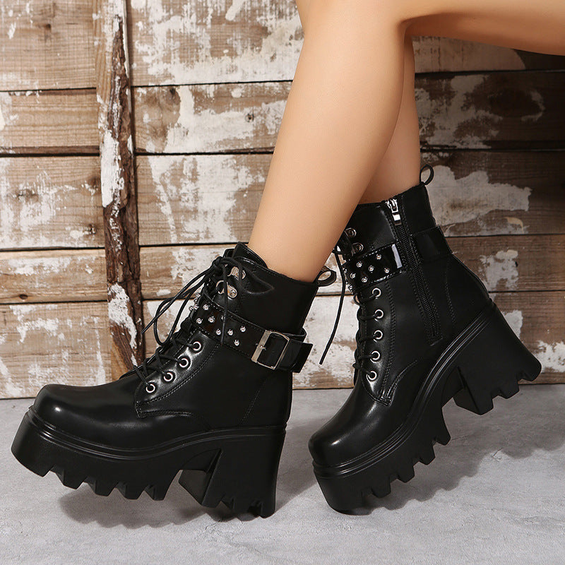 Fashion Round Toe Side Zipper Mid Heel Platform Leather Boots Infinite Avenue