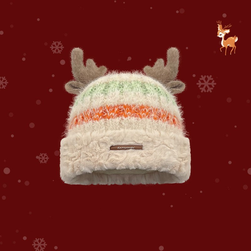 Christmas Knitted Hat – Cute Deer Antlers, Beanie for Girls & Women Beige One size fits all Infinite Avenue