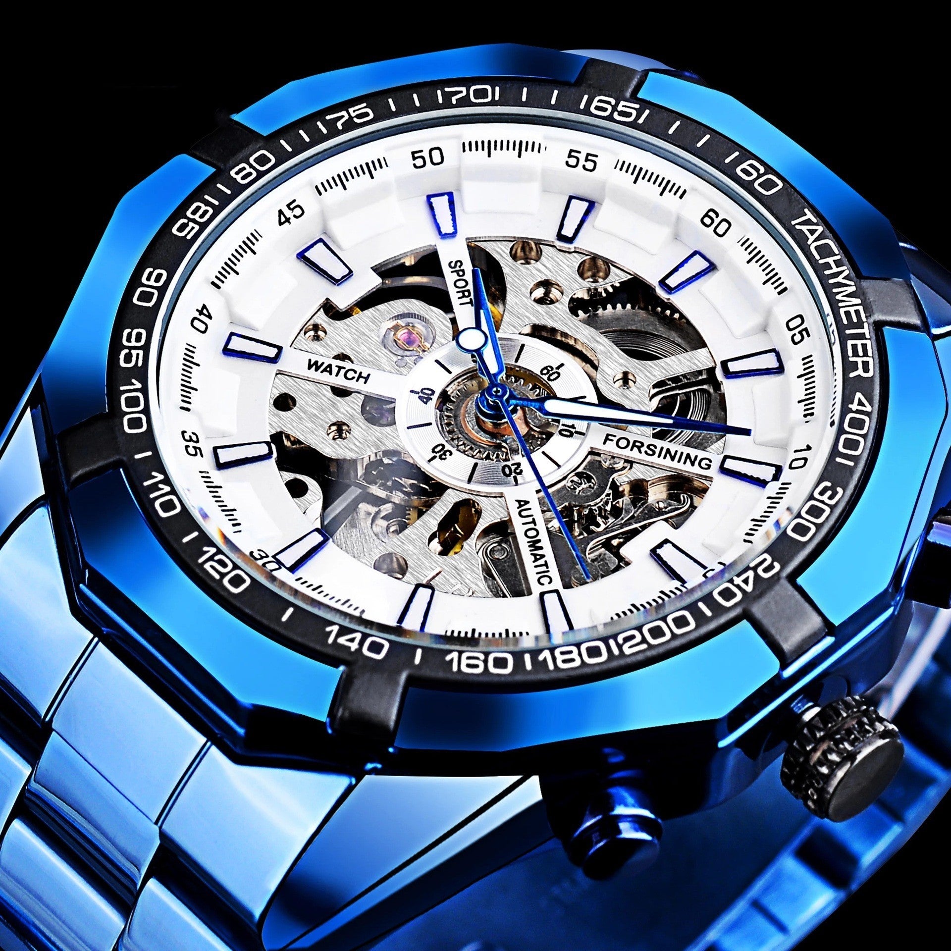 Casual Hollow Blue Plating Automatic Mechanical Watch Blue Shell And White Surface Infinite Avenue