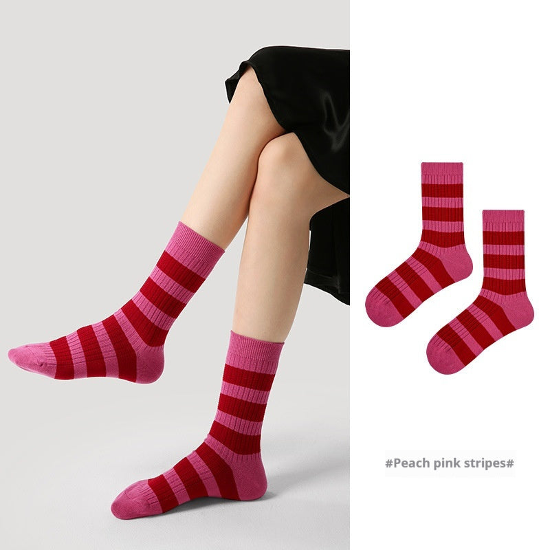 Vintage Court Style Mid-Length Socks Peach Pink Stripes Average Size Infinite Avenue