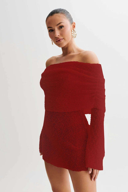 Women's Spring Summer Knitted Dress Elegant Party Boat Neck Dress Infant Off Shoulder Bodycon Long Sleeve Fuzzy Short Club Chic Mini Dress Red Infinite Avenue