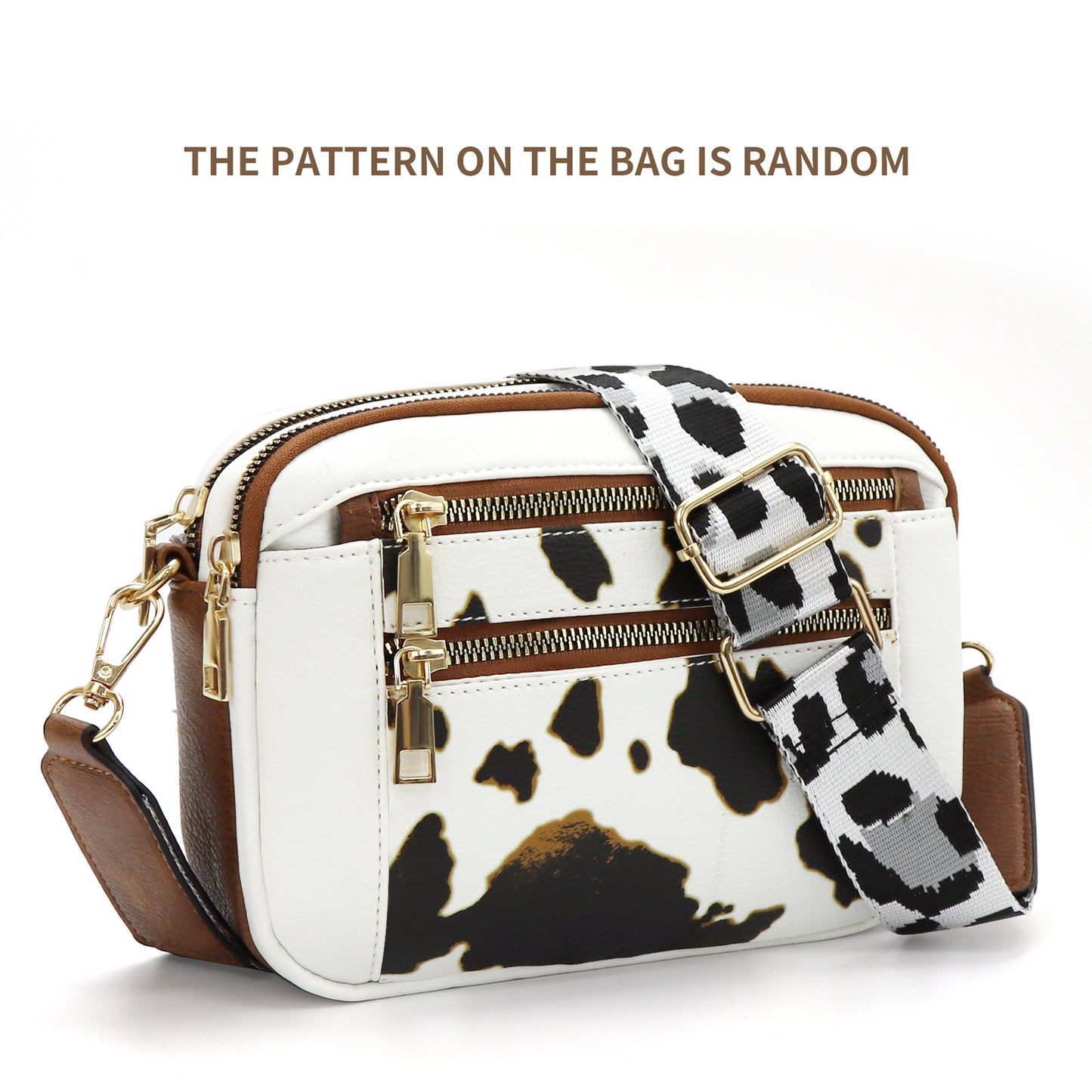 Cow Print Multi-Functional Zipper Crossbody Bag Double Zipper Cow White Brown Infinite Avenue