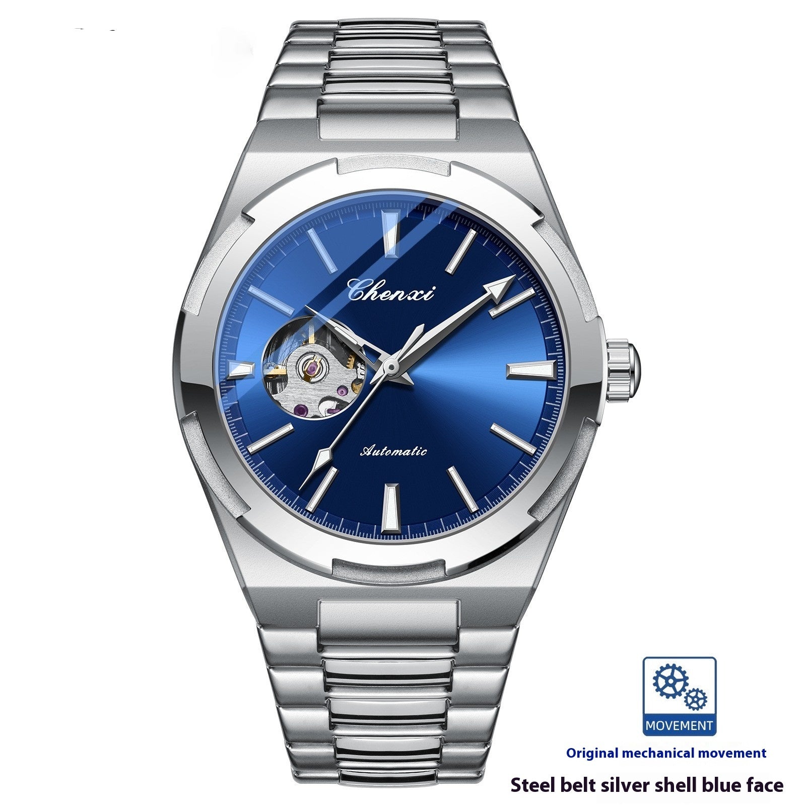 Automatic Mechanical Watch Fashion Trendy Style Silver Case Blue Face Infinite Avenue