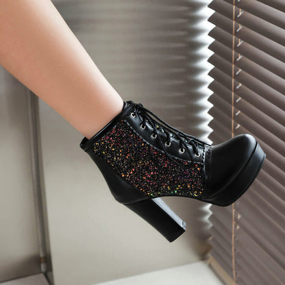 Autumn And Winter Thick Heel Lace-up Sequins Fashion Boots Infinite Avenue