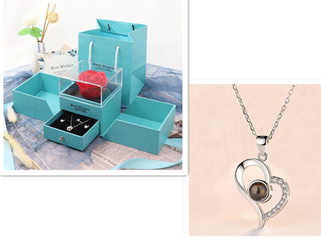 Hot Valentine's Day Gifts Metal Rose Jewelry Gift Box Necklace For Wedding Girlfriend Necklace Gifts Silver B setD Infinite Avenue