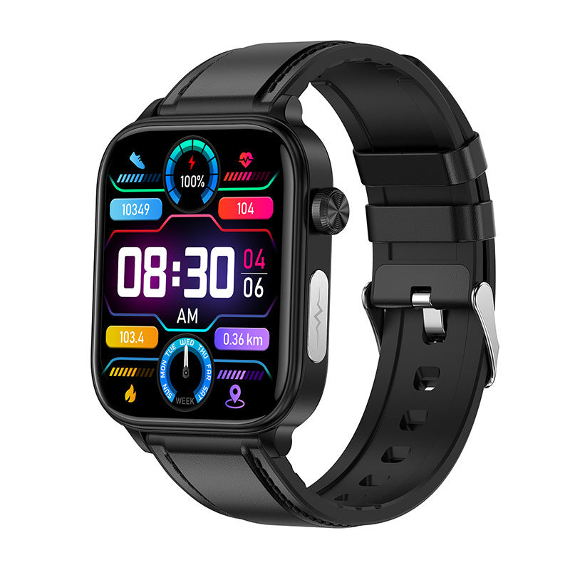 New ET570 Smart Watch Bluetooth Calling ECG ECG Function Non-invasive Blood Glucose Real Blood Oxygen Bracelet Black Leather Infinite Avenue