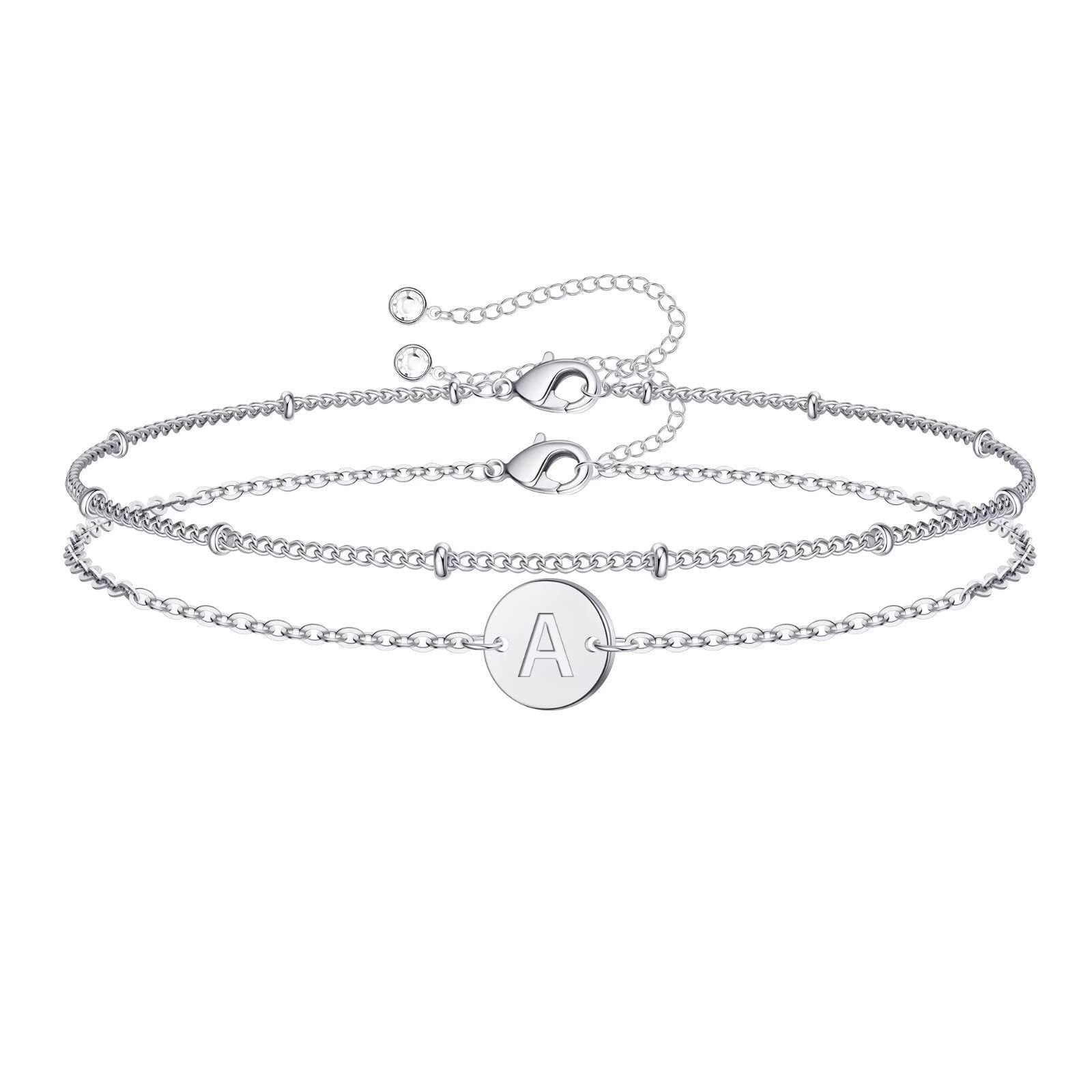 Silver Round 26 Letters Double Layer Bracelet Female Stainless Steel Small Rice-shaped Beads Layered Silver Layered Bracelet Infinite Avenue