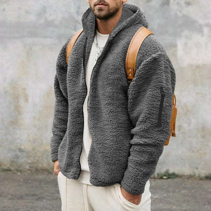 Plush Hooded Jacket Men's Autumn And Winter Fleece Double-sided Wear Warm Coat With Zipper Loose Casual Jacket Outdoor Clothing Dark Gray Infinite Avenue