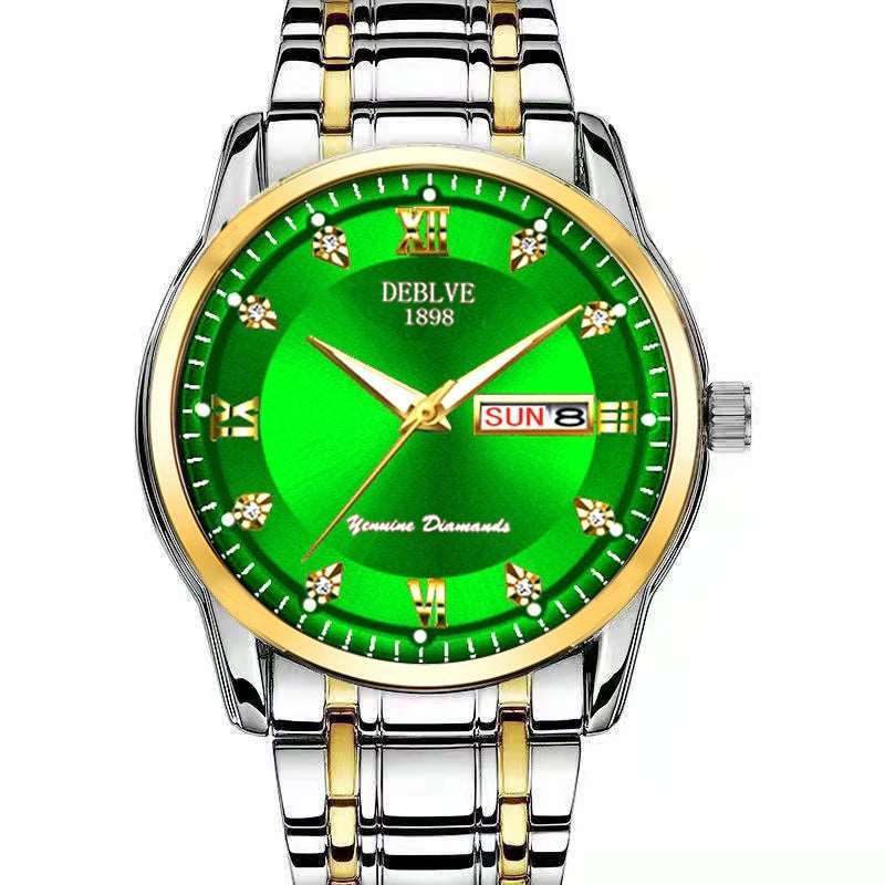 Fashion Alloy Steel Belt Waterproof Luminous Men's Dual Calendar Watch Green 690 Infinite Avenue