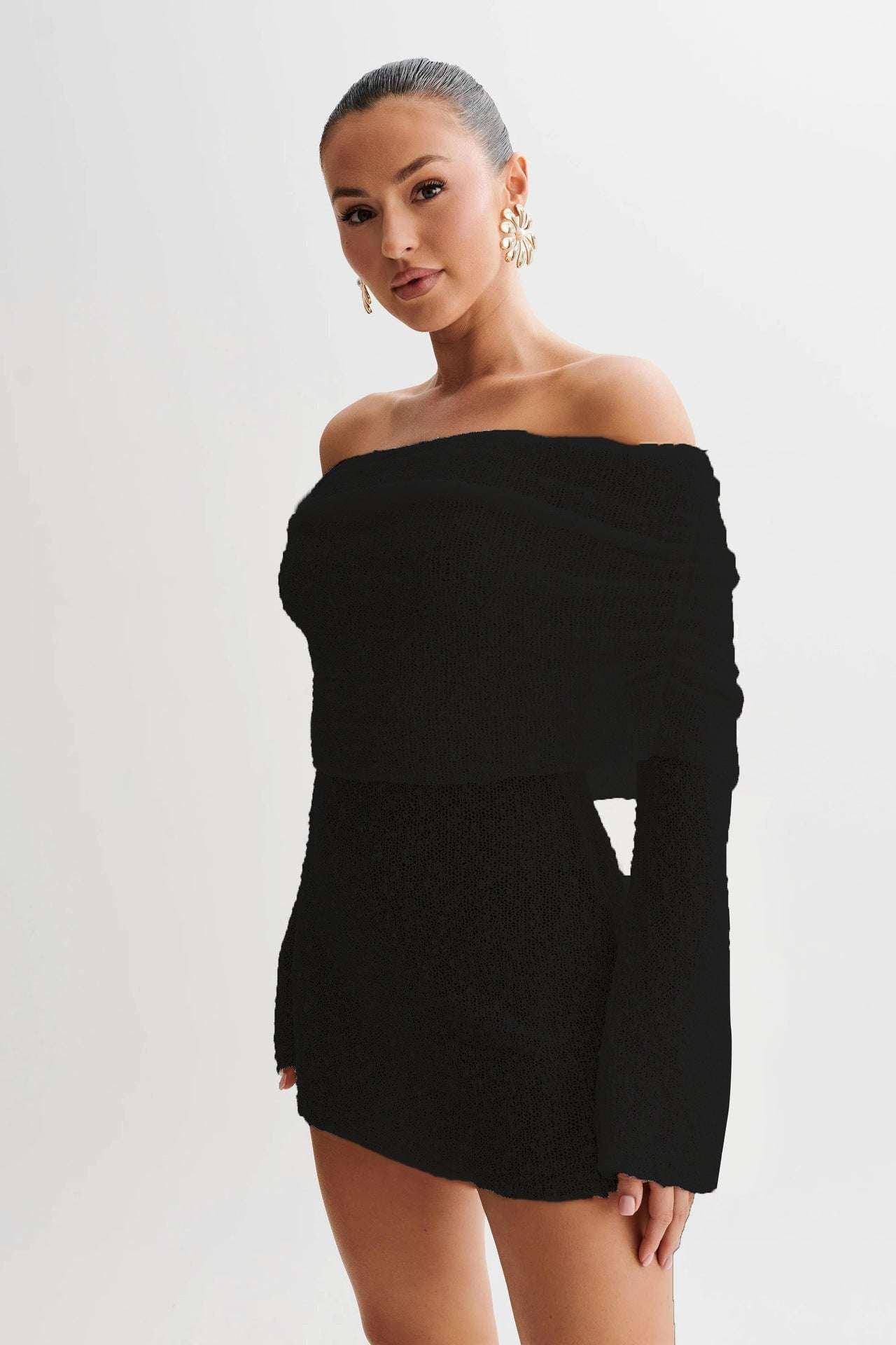 Women's Spring Summer Knitted Dress Elegant Party Boat Neck Dress Infant Off Shoulder Bodycon Long Sleeve Fuzzy Short Club Chic Mini Dress Black Infinite Avenue