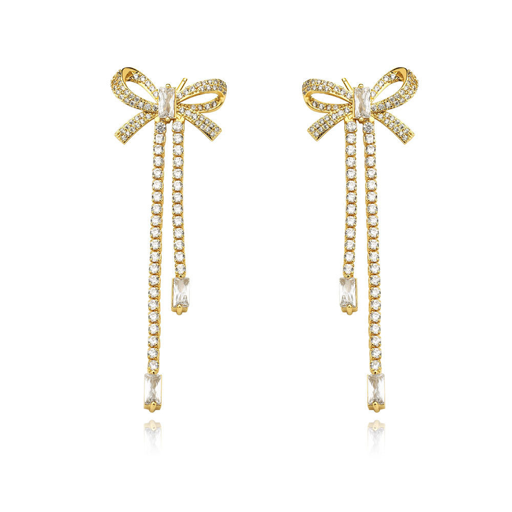 Bow Stud Earrings Zircon Tassel Long 18K White Zirconium Infinite Avenue