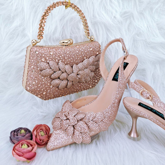 Handmade Ladies Party Shoes & Bag Set – Leaf Decor, Wine Glass Heel Champagne Infinite Avenue