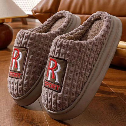 Men's Letter Plush Slippers Winter Warm Non-slip House Shoes Plus Size Indoor Bedroom Floor Home Slipper For Women Coffee Infinite Avenue