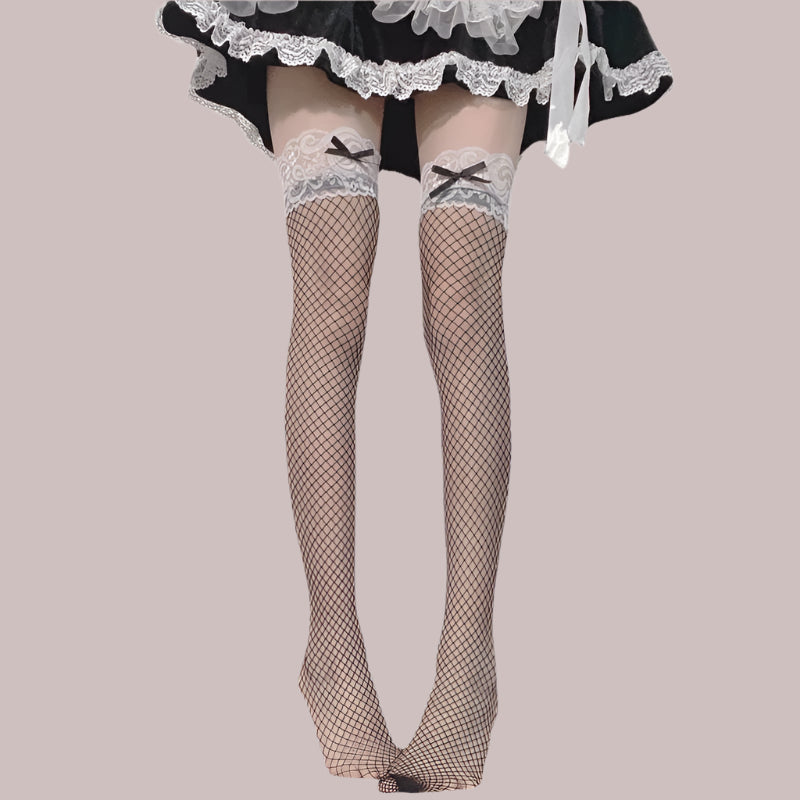 Black Silk Lace Long Socks with Autumn Bow Black Free Size Infinite Avenue