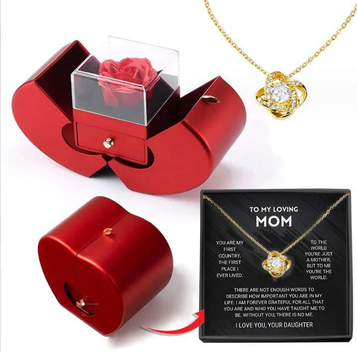 Fashion Jewelry Box Red Apple Christmas Gift Necklace Eternal Rose For Girl Mother's Day Valentine's Day Gifts With Artificial Flower Rose Flower Jewelry Box Necklace Gold Card Apple Box English Infinite Avenue