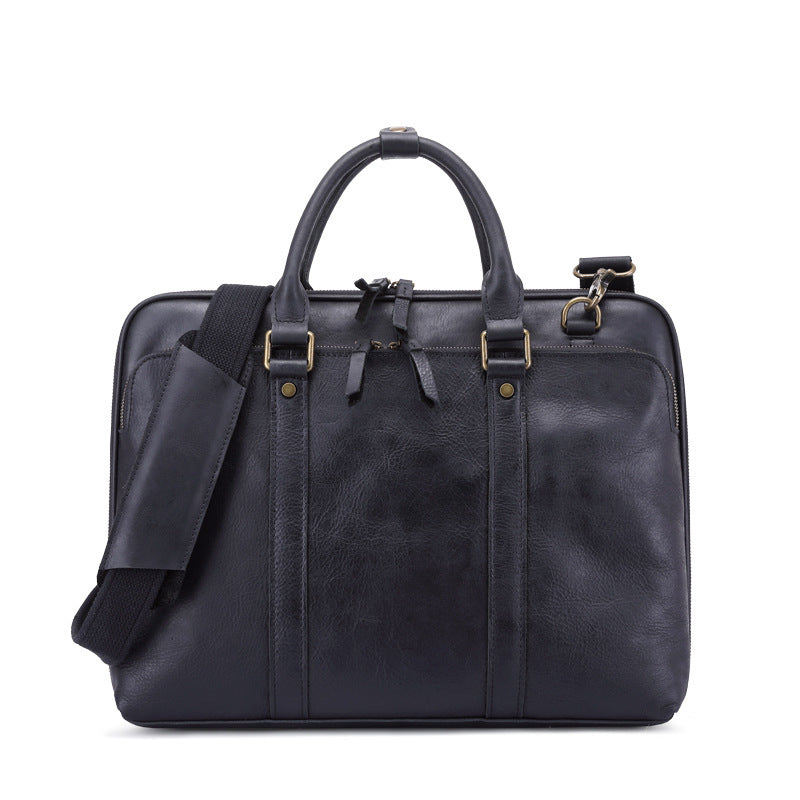 Men's Leather Briefcase – Handbag & Shoulder Crossbody Bag Black Oil Light Color 15 inches Infinite Avenue