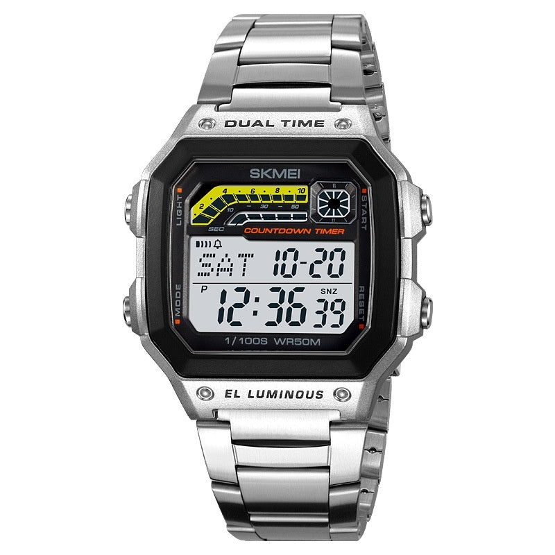 Men's Electronic Watch Luminous Waterproof Multifunctional Silver Steel Strip Infinite Avenue