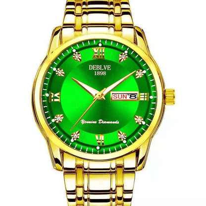 Fashion Alloy Steel Belt Waterproof Luminous Men's Dual Calendar Watch Green Gold 690 Infinite Avenue