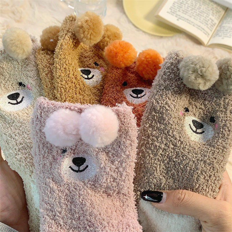 Cute Bear Fleece-Lined Coral Socks – Warm for Autumn & Winter Infinite Avenue