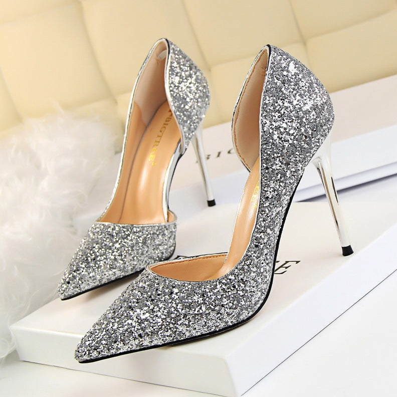 Skinny Women's Shoes Stiletto Heel Shallow Mouth Pointed Side Hollow-out Sequin Infinite Avenue