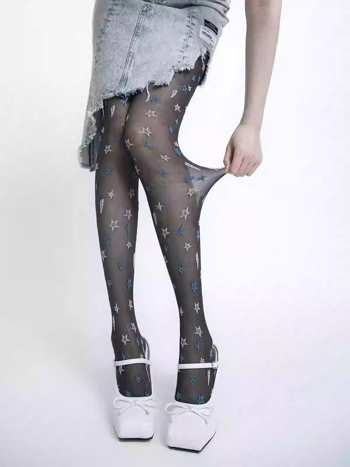 White & Blue Star Romper Stockings Dark Gray Average Size Infinite Avenue