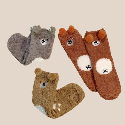 Cute Bear Fleece-Lined Coral Socks – Warm for Autumn & Winter Infinite Avenue