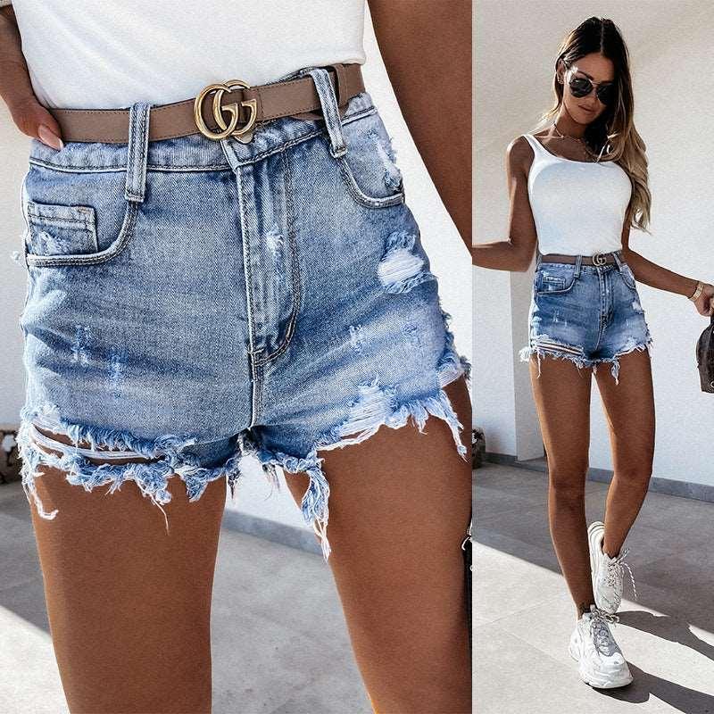 High Waist Ripped Tassel Denim Shorts for Women - Infinite Avenue