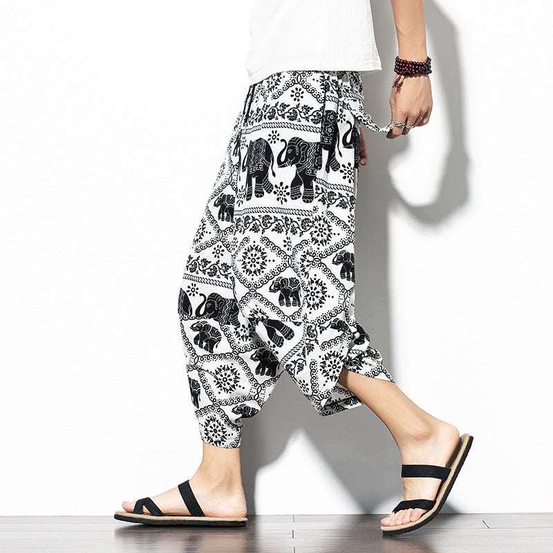 Baggy Printed Cotton-Linen Cropped Pants Infinite Avenue