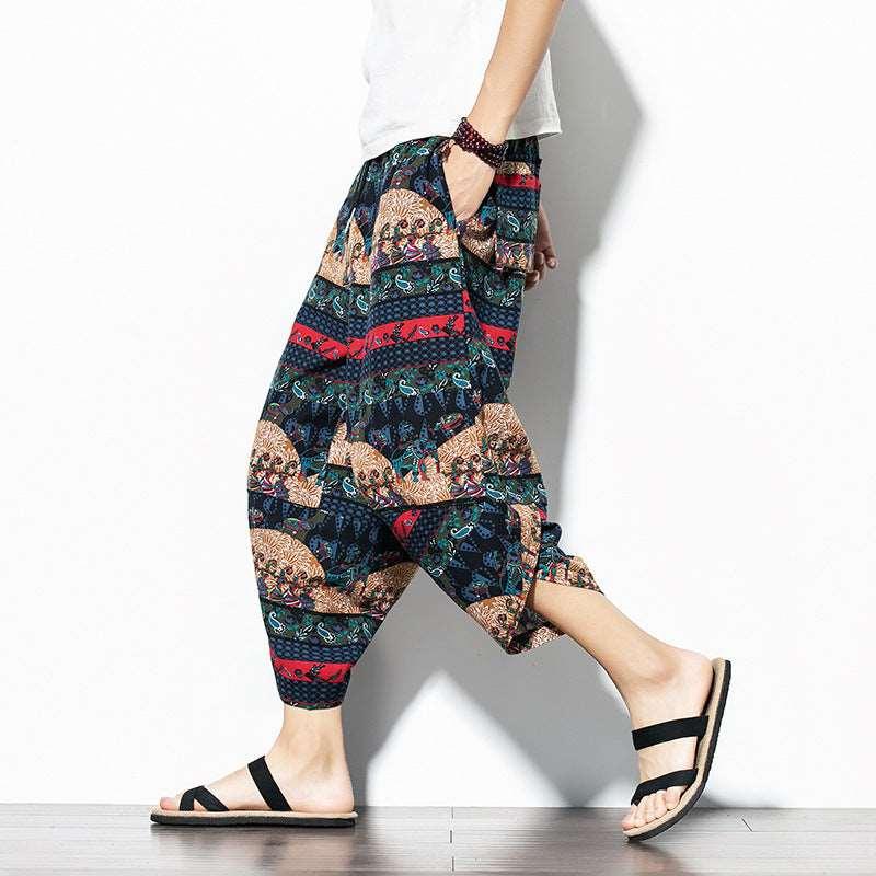 Baggy Printed Cotton-Linen Cropped Pants Blue Infinite Avenue