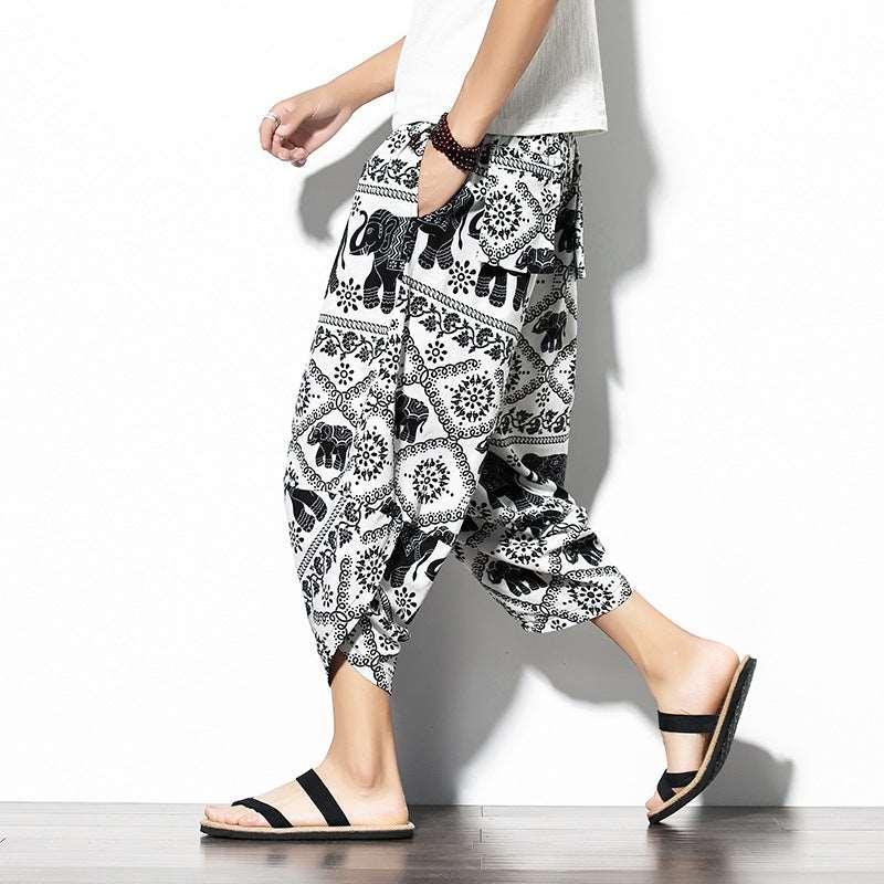 Baggy Printed Cotton-Linen Cropped Pants White Infinite Avenue